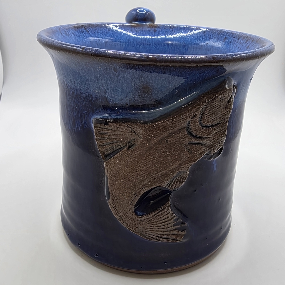 Carol Kimball Studio Art Pottery Mug Blue Brown Drip Glaze W/Fish Detail